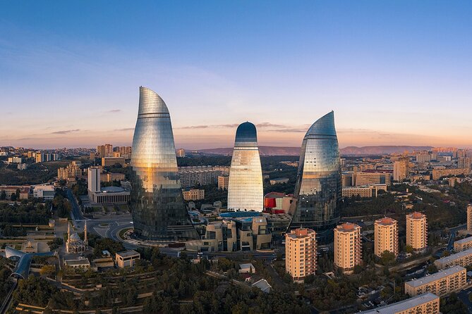 Baku City Tour - Flame Towers: modern glass, fire symbolism, and LED show energy